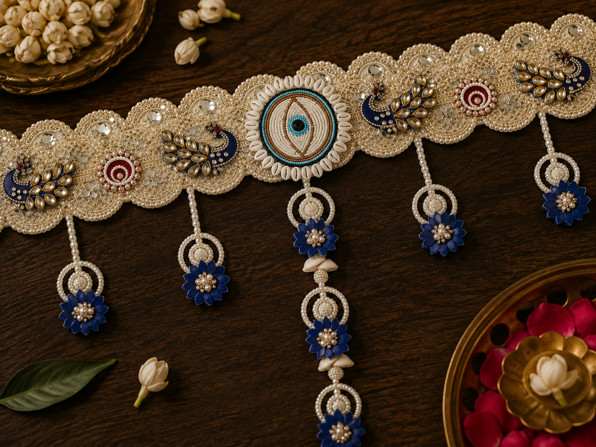 Mayura Neel Pearl Door Toran | Royal Blue Peacock Bandhanwar